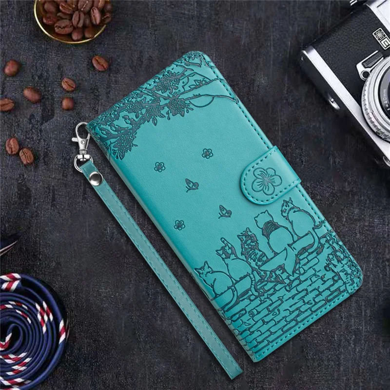 Para iPhone 15 Pro Max Wall Cats Imprinted PU Leather Stand Phone Cover Wallet Case with Strap - Blue