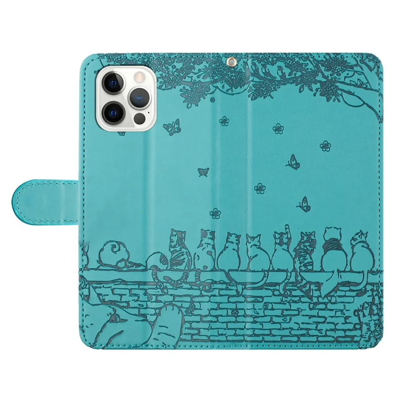 Para iPhone 15 Pro Max Wall Cats Imprinted PU Leather Stand Phone Cover Wallet Case with Strap - Blue