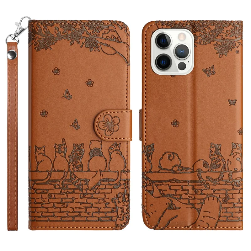 For iPhone 14 Pro Max PU Leather Stand Phone Case Wall Cats Imprinted Wallet Phone Cover with Strap - Brown