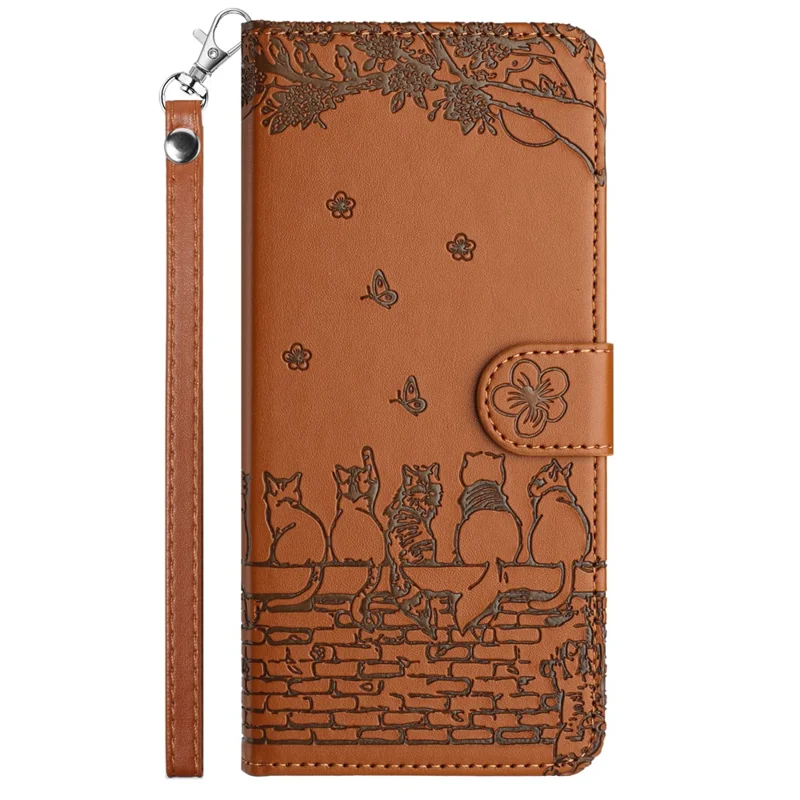 For iPhone 14 Pro Max PU Leather Stand Phone Case Wall Cats Imprinted Wallet Phone Cover with Strap - Brown