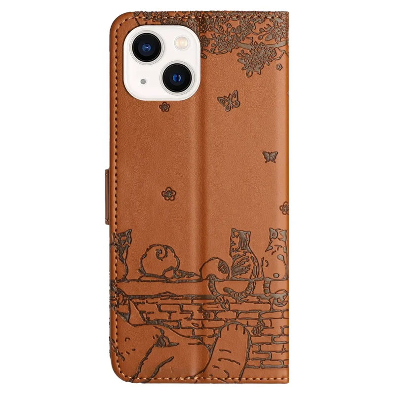 Bedruckte Wandkatzen-Lederhülle für iPhone 14, Geldbörsen-Ständer mit Vollschutz-Abdeckung und Riemen - Braun