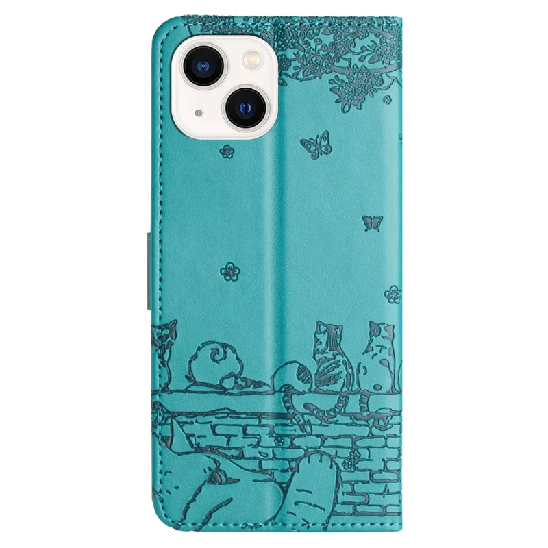 Ingeprent Muurkatten Telefoonstandaardhoesje voor iPhone 14 Plus, PU Leer Portemonnee Telefoonhoesje met Bandje - Blauw