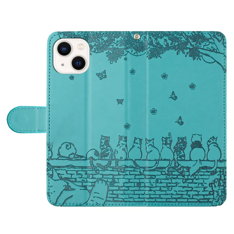 Ingeprent Muurkatten Telefoonstandaardhoesje voor iPhone 14 Plus, PU Leer Portemonnee Telefoonhoesje met Bandje - Blauw