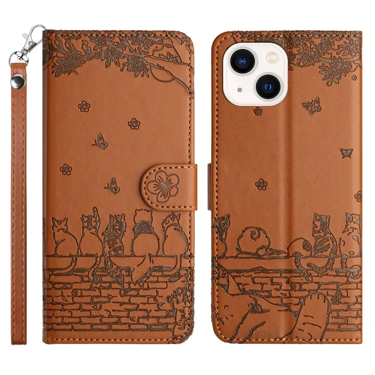 Wall Cats Imprinted Phone Cover für iPhone 15, Ständer Geldbörse Sturzsichere Lederhülle mit Gurt - Braun
