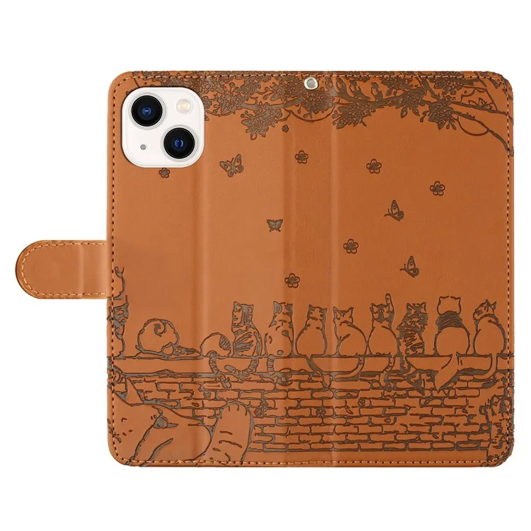 Wall Cats Imprinted Phone Cover für iPhone 15, Ständer Geldbörse Sturzsichere Lederhülle mit Gurt - Braun