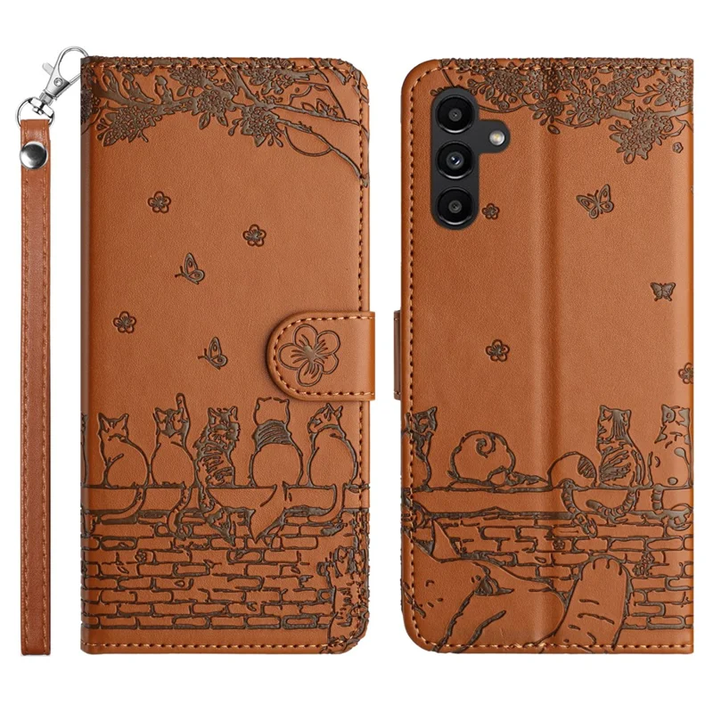 Stand Wallet PU Leather Cover for Samsung Galaxy A34 5G , Wall Cats Imprinted Phone Case with Strap - Brown