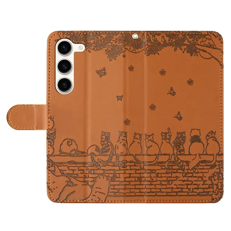 PU Leder-Ständergehäuse für Samsung Galaxy S23+, Wall Cats Geprägtes Handytasche-Cover mit Riemen - Braun