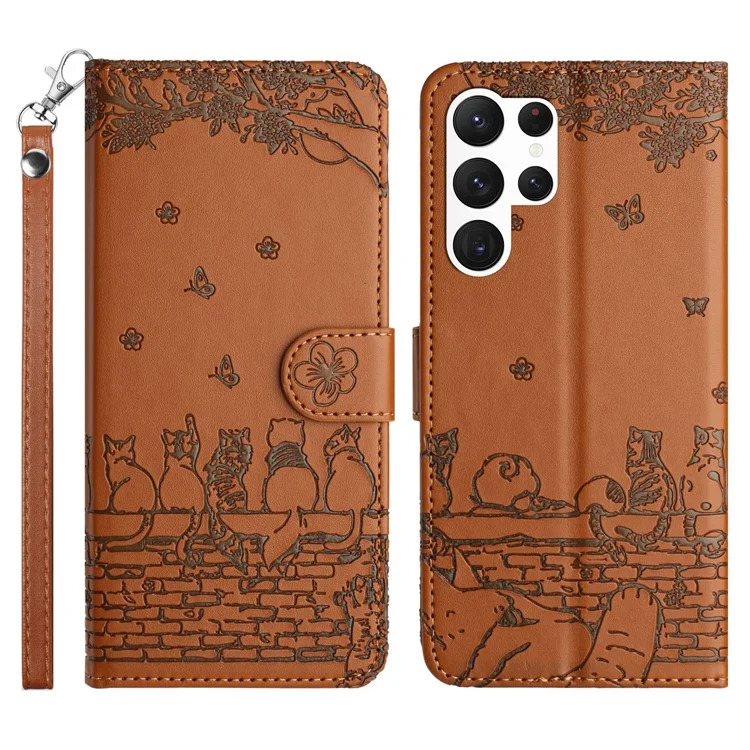 Wall Cats Imprinted Phone Case für Samsung Galaxy S23 Ultra, PU-Leder-Ständer-Wallet-Cover mit Riemen - Braun