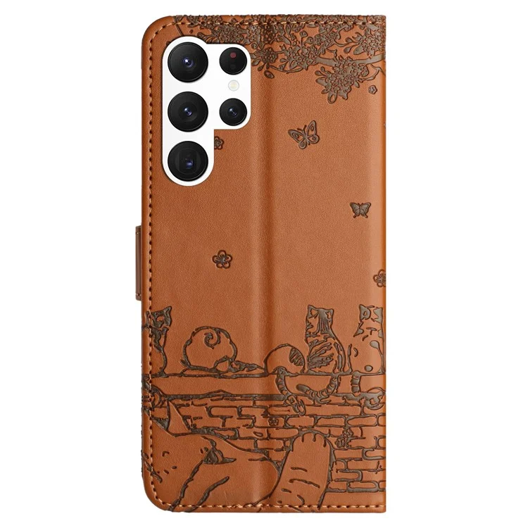Wall Cats Imprinted Phone Case für Samsung Galaxy S23 Ultra, PU-Leder-Ständer-Wallet-Cover mit Riemen - Braun