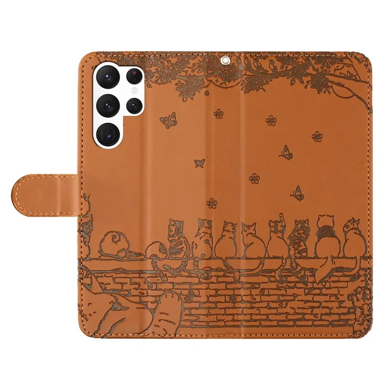 Wall Cats Imprinted Phone Case für Samsung Galaxy S23 Ultra, PU-Leder-Ständer-Wallet-Cover mit Riemen - Braun