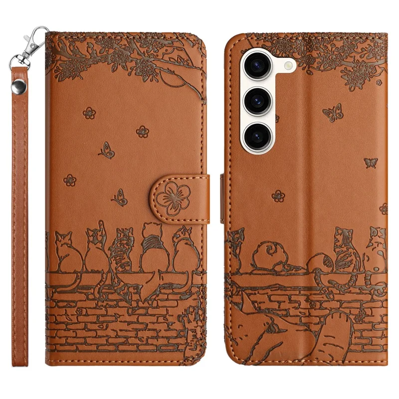 Phone Leather Cover for Samsung Galaxy S23 , Stand Wallet Imprinted Wall Cats Case with Strap - Brown