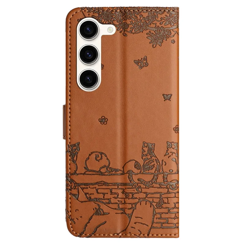 Phone Leather Cover for Samsung Galaxy S23 , Stand Wallet Imprinted Wall Cats Case with Strap - Brown