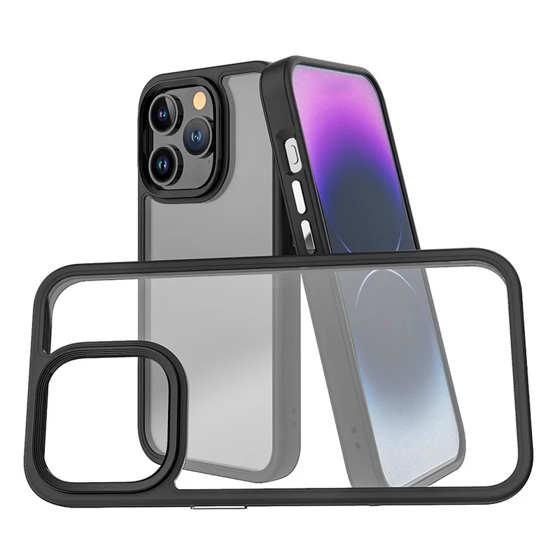 For iPhone 13 Pro Max 6.7 inch TPU + PC Phone Case Electroplating Metal Button Clear Anti-Drop Phone Cover - Black