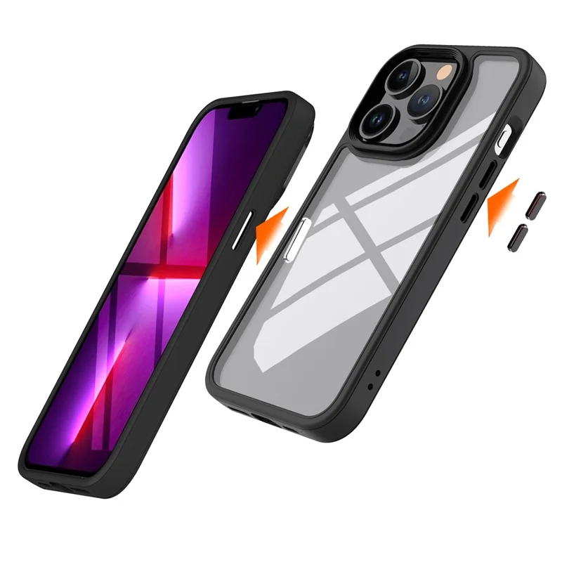 For iPhone 13 Pro Max 6.7 inch TPU + PC Phone Case Electroplating Metal Button Clear Anti-Drop Phone Cover - Black