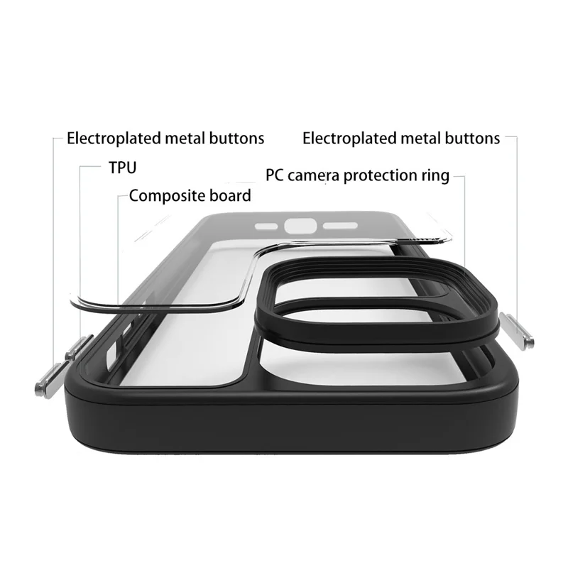 For iPhone 13 Pro Max 6.7 inch TPU + PC Phone Case Electroplating Metal Button Clear Anti-Drop Phone Cover - Black