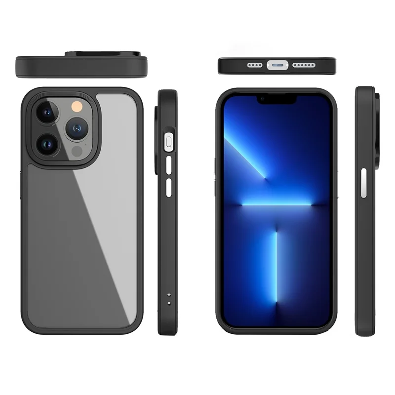 For iPhone 13 Pro Max 6.7 inch TPU + PC Phone Case Electroplating Metal Button Clear Anti-Drop Phone Cover - Black