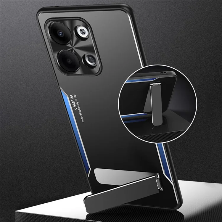 Para Oppo Reno9 Pro 5G Anti-Impressão Digital Cell Phone Shell TPU+Alumínio Alloy Cover Kickstand Case - Azul