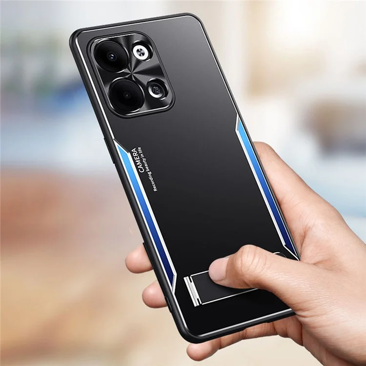 Para Oppo Reno9 Pro 5G Anti-Impressão Digital Cell Phone Shell TPU+Alumínio Alloy Cover Kickstand Case - Azul