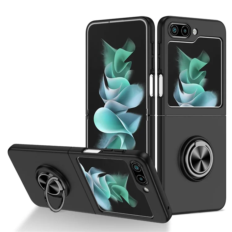 Para Samsung Galaxy Z Flip5 5G Funda de teléfono dura de PC con anillo Kickstand Cover Support Magnetic Car Mount - Negro