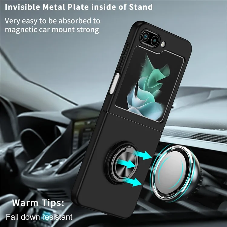 Para Samsung Galaxy Z Flip5 5G Funda de teléfono dura de PC con anillo Kickstand Cover Support Magnetic Car Mount - Negro