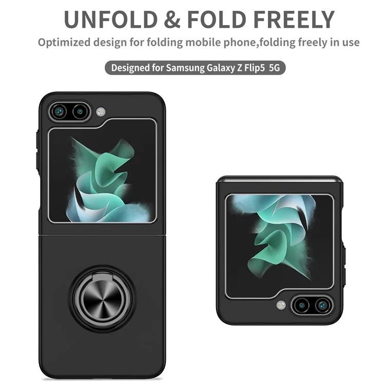 Para Samsung Galaxy Z Flip5 5G Funda de teléfono dura de PC con anillo Kickstand Cover Support Magnetic Car Mount - Negro