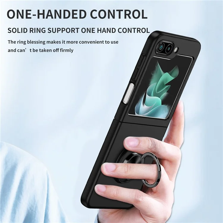 Para Samsung Galaxy Z Flip5 5G Funda de teléfono dura de PC con anillo Kickstand Cover Support Magnetic Car Mount - Negro