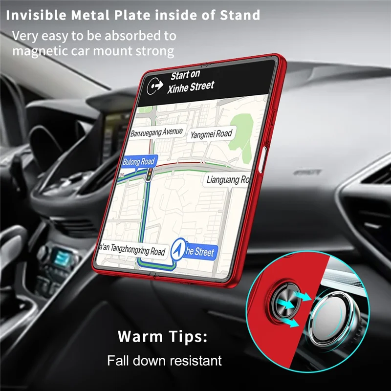 For Samsung Galaxy Z Fold5 5G Ring Kickstand Phone Case Support Car Mount Hard PC Protective Cover - Red
