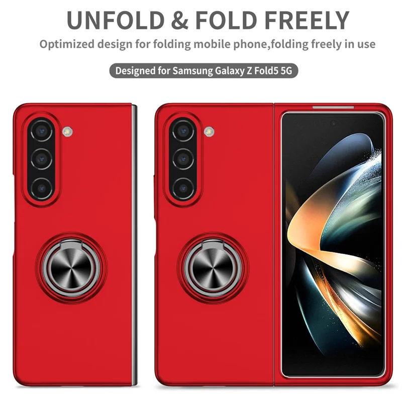 For Samsung Galaxy Z Fold5 5G Ring Kickstand Phone Case Support Car Mount Hard PC Protective Cover - Red