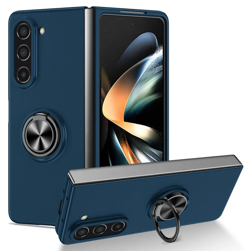 For Samsung Galaxy Z Fold5 5G Ring Kickstand Phone Case Support Car Mount Hard PC Protective Cover - Dark Blue