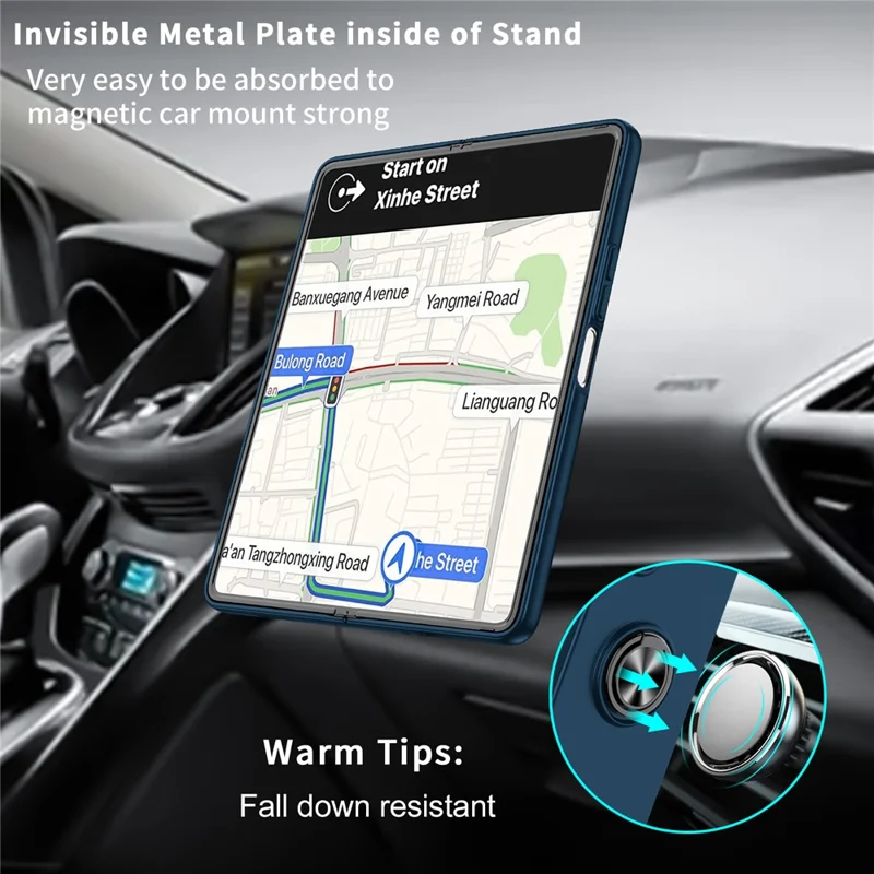 For Samsung Galaxy Z Fold5 5G Ring Kickstand Phone Case Support Car Mount Hard PC Protective Cover - Dark Blue