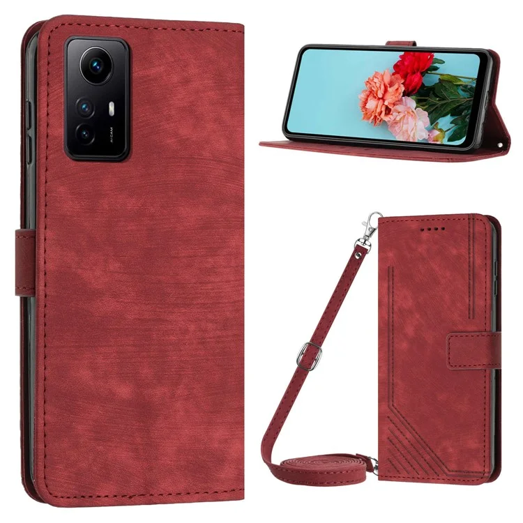 Leather Case for Xiaomi Redmi Note 12S 4G Lines Imprinted Stand Wallet Phone Cover with Shoulder Strap - Red