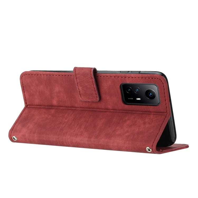 Leather Case for Xiaomi Redmi Note 12S 4G Lines Imprinted Stand Wallet Phone Cover with Shoulder Strap - Red