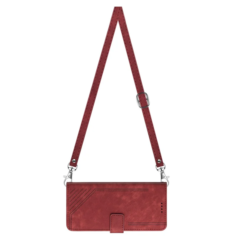 Leather Case for Xiaomi Redmi Note 12S 4G Lines Imprinted Stand Wallet Phone Cover with Shoulder Strap - Red
