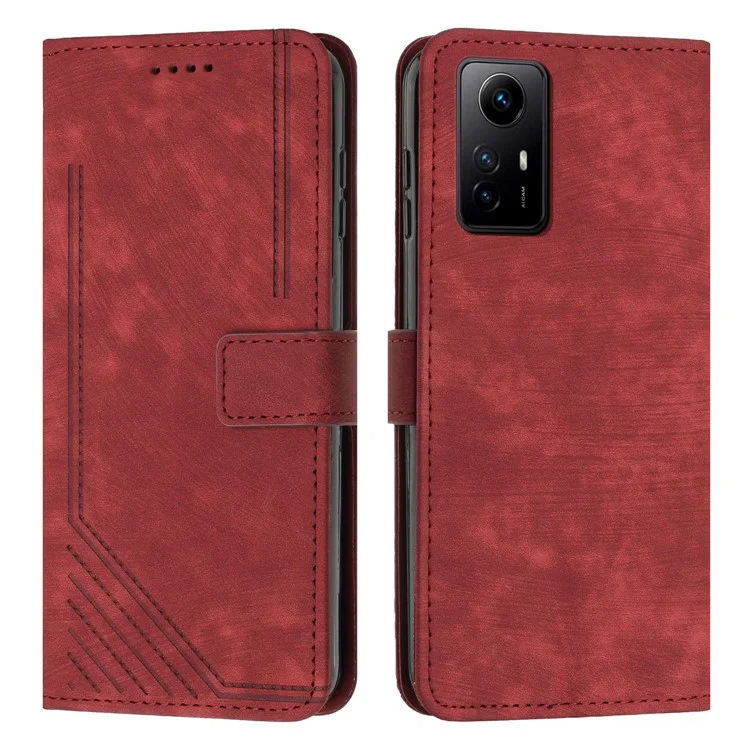 Leather Case for Xiaomi Redmi Note 12S 4G Lines Imprinted Stand Wallet Phone Cover with Shoulder Strap - Red