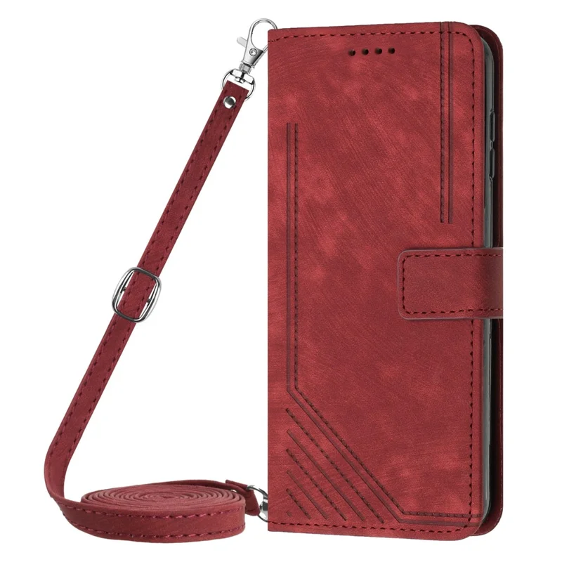 Leather Case for Xiaomi Redmi Note 12S 4G Lines Imprinted Stand Wallet Phone Cover with Shoulder Strap - Red