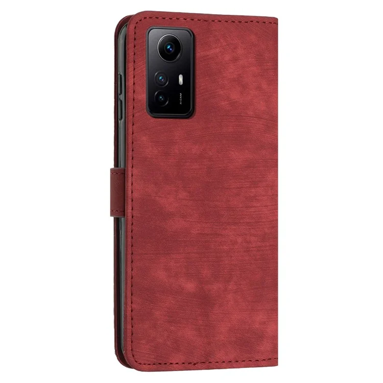 Leather Case for Xiaomi Redmi Note 12S 4G Lines Imprinted Stand Wallet Phone Cover with Shoulder Strap - Red
