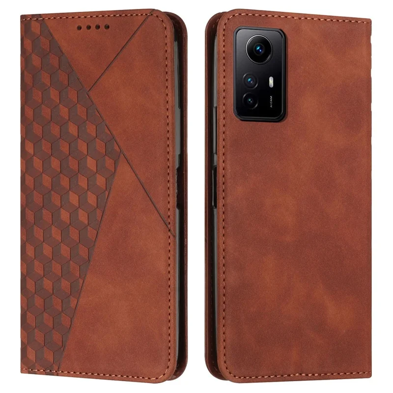 For Xiaomi Redmi Note 12S 4G Imprinted Rhombus Leather Case Phone Stand Wallet Shockproof Cover - Brown