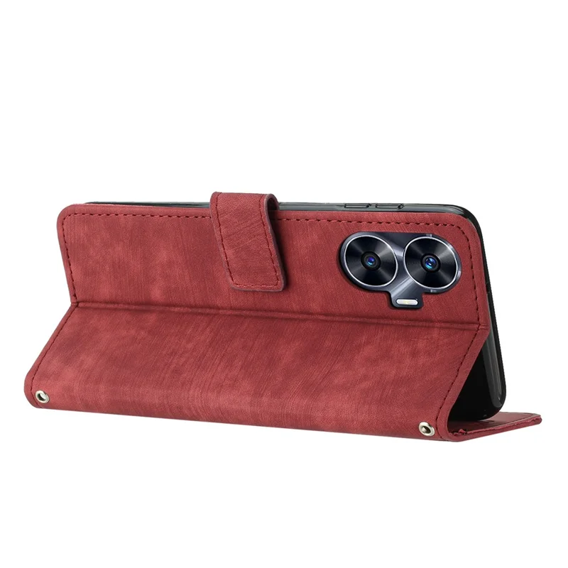 Leather Case for Realme C55 Lines Imprinted Viewing Stand Wallet Phone Cover with Shoulder Strap - Red
