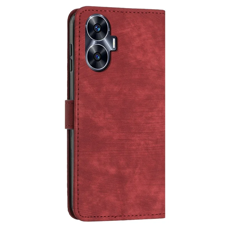 Leather Case for Realme C55 Lines Imprinted Viewing Stand Wallet Phone Cover with Shoulder Strap - Red