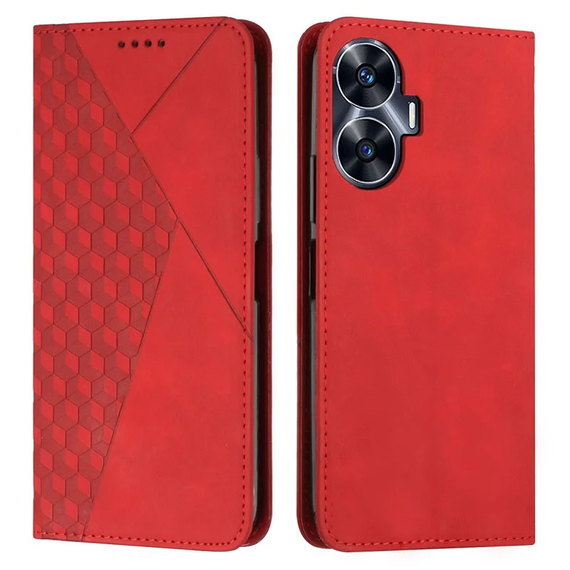 For Realme C55 Imprinted Rhombus Leather Case Phone Stand Wallet Fall-proof Cover - Red