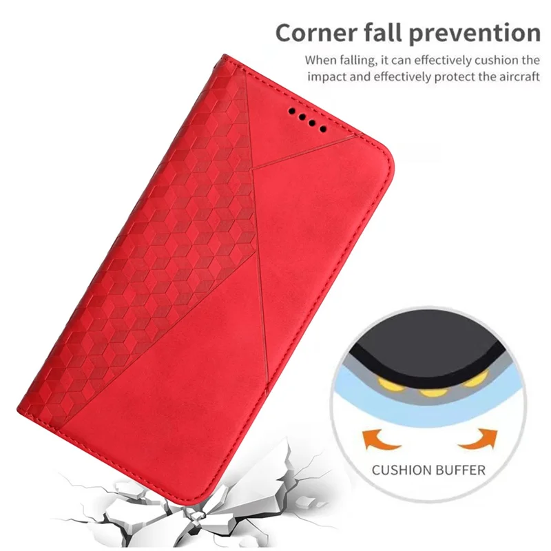 For Realme C55 Imprinted Rhombus Leather Case Phone Stand Wallet Fall-proof Cover - Red