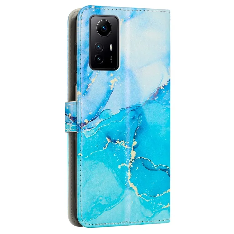 Wallet Phone Case for Xiaomi Redmi Note 12S 4G PU Leather Marble Pattern Flip Stand Cover with Shoulder Strap - Blue / Green