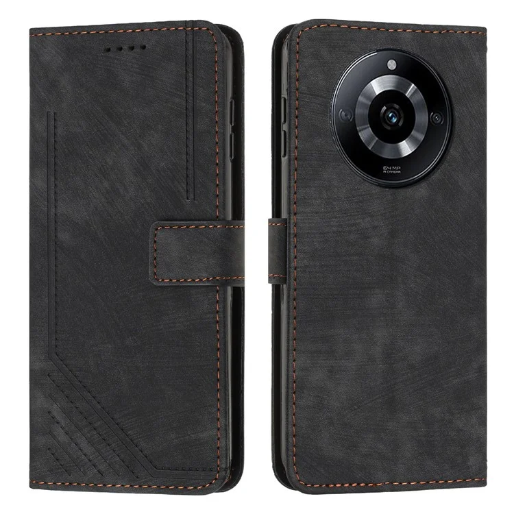 Capa Flip para Realme 11 Pro 5G / 11 Pro+ 5G Linhas Imprimidas Capa de Carteira de Couro com Alça de Ombro - Preto