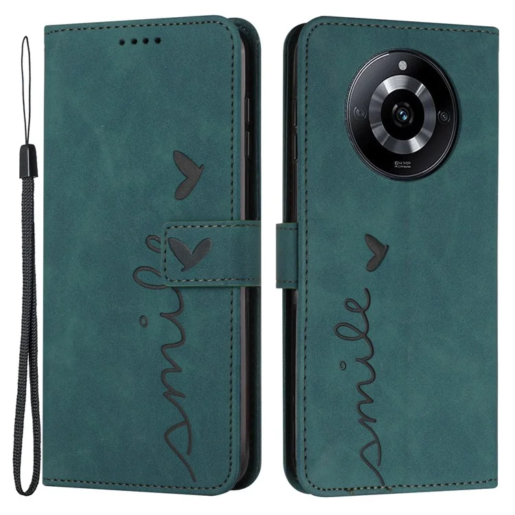 For Realme 11 Pro 5G / 11 Pro+ 5G Leather Phone Case Imprinted Heart Wallet Skin-touch Foldable Stand Cover - Green