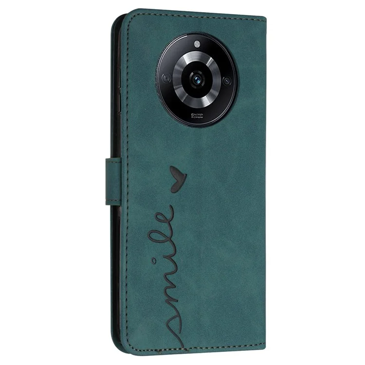 For Realme 11 Pro 5G / 11 Pro+ 5G Leather Phone Case Imprinted Heart Wallet Skin-touch Foldable Stand Cover - Green