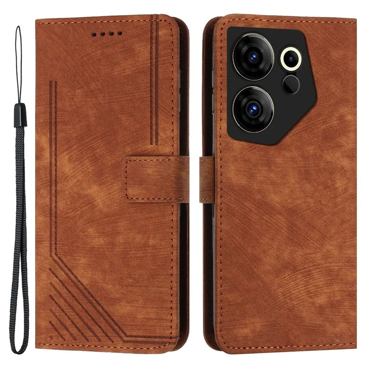 Stand Wallet für TECNO Camon 20 Premier 5G Skin-Touch geprägte Linienabdeckung Telefonledergehäuse - Braun