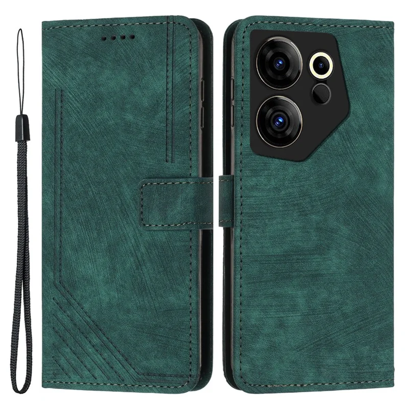 Stand Wallet for TECNO Camon 20 Premier 5G Skin-Touch Imprinted Lines Case Phone Leather Cover - Green