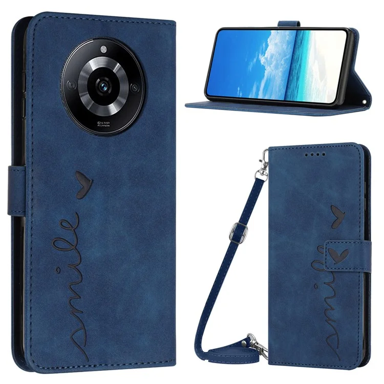 Stand Case for Realme 11 Pro 5G / 11 Pro+ 5G PU Leather Heart Shape Wallet Phone Cover with Shoulder Strap - Sapphire