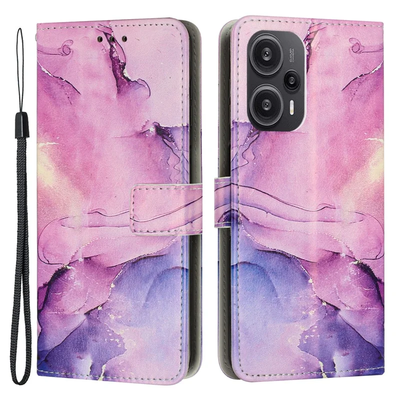 Marble Pattern Cover for Xiaomi Redmi Note 12 Turbo / Poco F5 5G , PU Leather Stand Wallet Phone Case with Wrist Strap - Purple