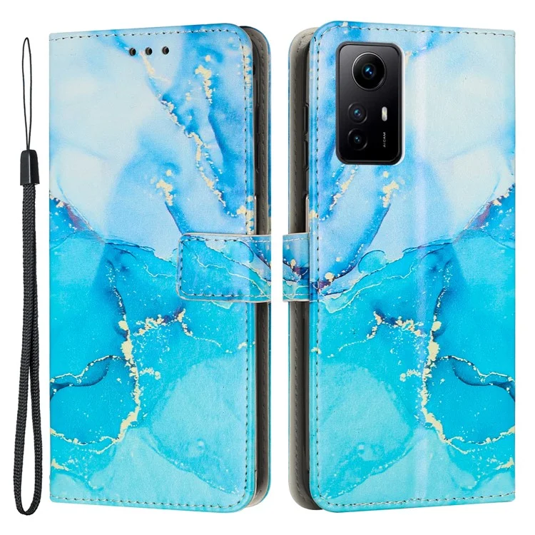 Para Xiaomi Redmi Note 12S 4G Marble Pattern Wallet Case PU Leather Stand Phone Cover with Wrist Strap - Azul / Verde